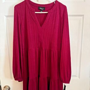 NWT RNStudio Red Berry Ruffled V Neck Long Sleeve Dress Sz L